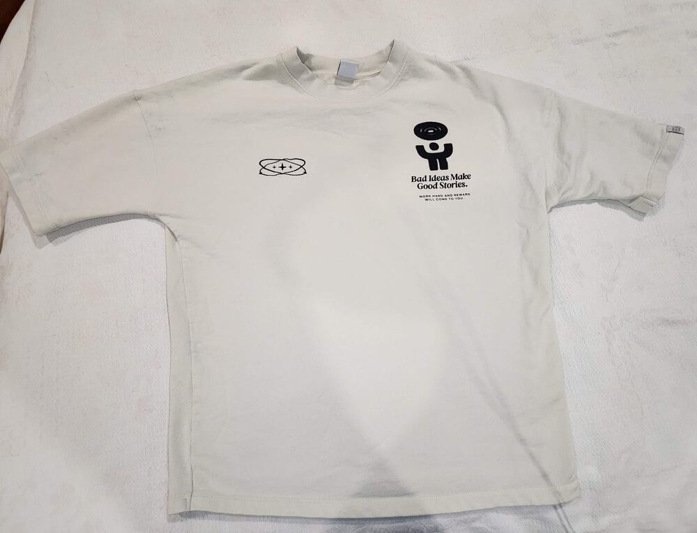 Zara Mens Oversized Boxy Graphic Tee XL Cream Streetwear Y2K Hustle Quote Shirt